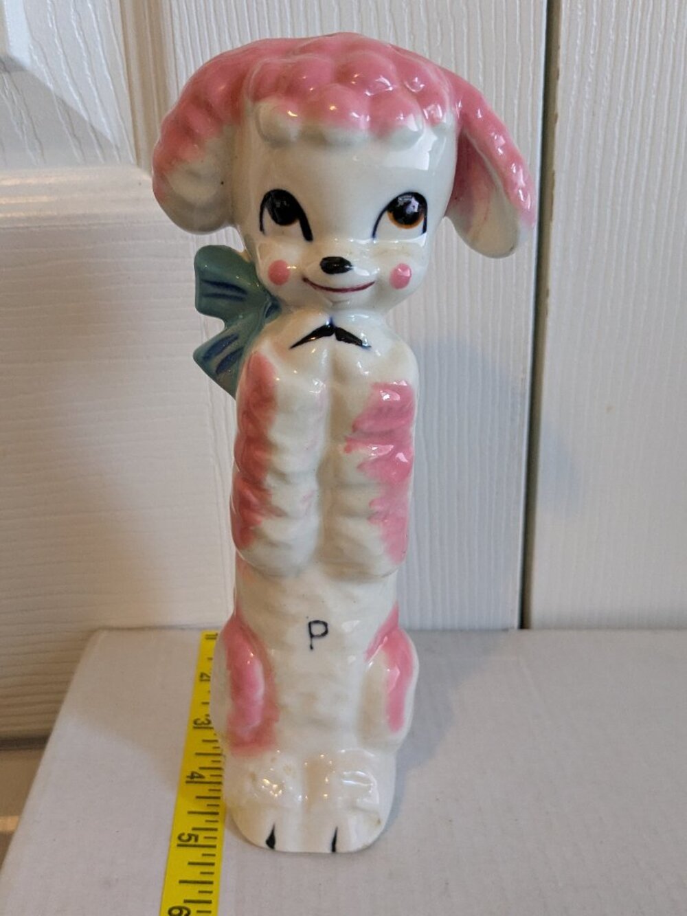 Vintage MCM Pink White Ceramic Poodle Dog Tall Pepper Shaker